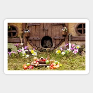 George the mouse in a log pile house - summer fruits for dinner Sticker